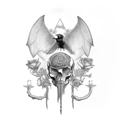 Raven looking inquisitive on a human skull, witchy old books, candels, moths, and flowers tattoo design idea