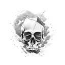 Raven looking inquisitive on a human skull tattoo design idea