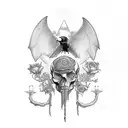 Raven looking inquisitive on a human skull, witchy old books, candels, moths, and flowers tattoo design idea