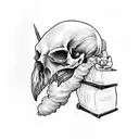 Raven looking inquisitive on a human skull, witchy old books, candels, moths, and flowers tattoo design idea