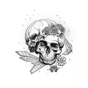 Raven looking inquisitive on a human skull, witchy old books, candels, moths, and flowers tattoo design idea