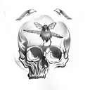 Raven looking inquisitive on a human skull, witchy old books, candels, moths, and flowers tattoo design idea