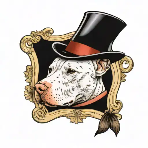 white pitbull in a tophat within a picture frame in color tattoo design idea