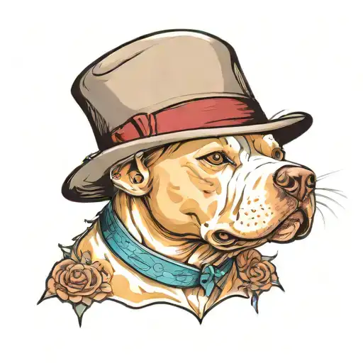 white pitbull in a tophat in color tattoo design idea