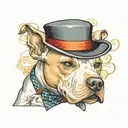 white pitbull in a tophat in color tattoo design idea