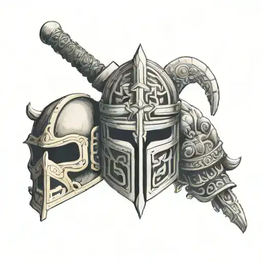 A tattoo of a cross and next to it a samurai gladiator and Aztec warrior helmet tattoo design idea