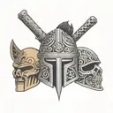 A tattoo of a cross and next to it a samurai gladiator and Aztec warrior helmet tattoo design idea