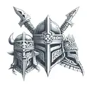 A tattoo of a cross and next to it a samurai gladiator and Aztec warrior helmet tattoo design idea