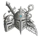A tattoo of a cross and next to it a samurai gladiator and Aztec warrior helmet tattoo design idea