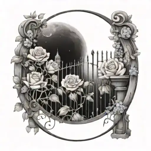 A dreamy tattoo design featuring a garden gate adorned with forget me not flowers and pink roses, with a crescent moon and stars in the background tattoo design idea