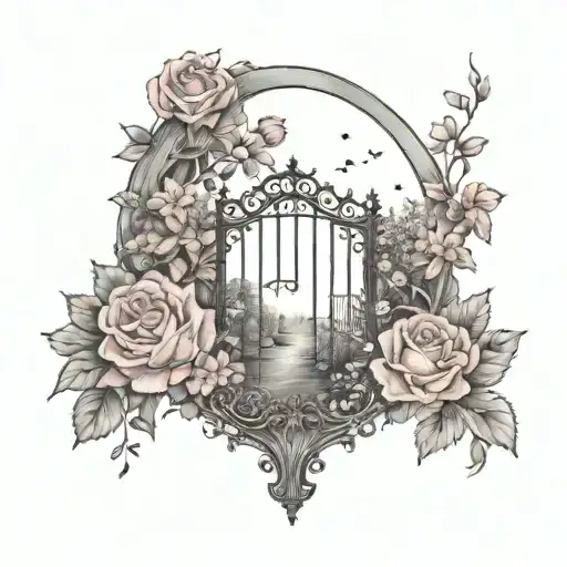 A dreamy tattoo design featuring a garden gate adorned with forget me not flowers and pink roses, with a crescent moon and stars in the background tattoo design idea