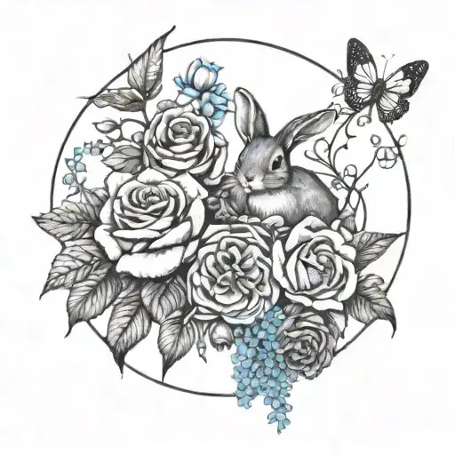 A whimsical garden scene featuring roses, thumper, forget me not, and paper whites intertwined in a boho decorating style tattoo design idea