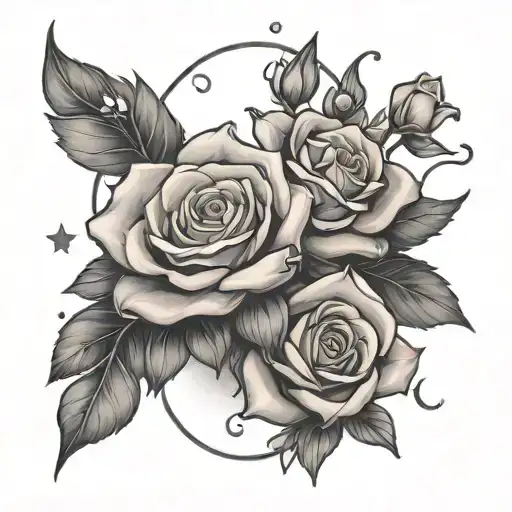 A dreamy tattoo design featuring a with forget me not flowers and pink roses, with a crescent moon and stars  tattoo design idea