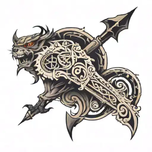 Create a tattoo for a forearm, then one that goes all the way around the forearm, which encloses the following character tattoo design idea