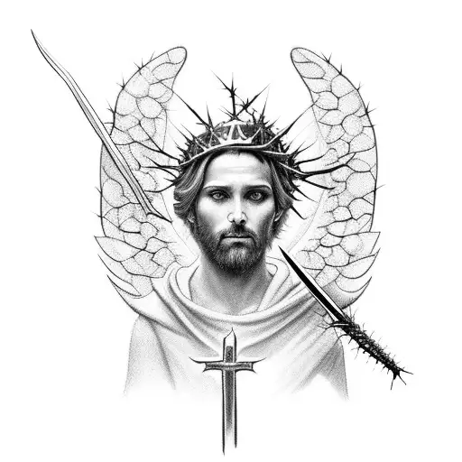 Create a biblically accurate angel, with a crown of thorns wrapped around it, and a sword with the hilt being a cross  tattoo design idea