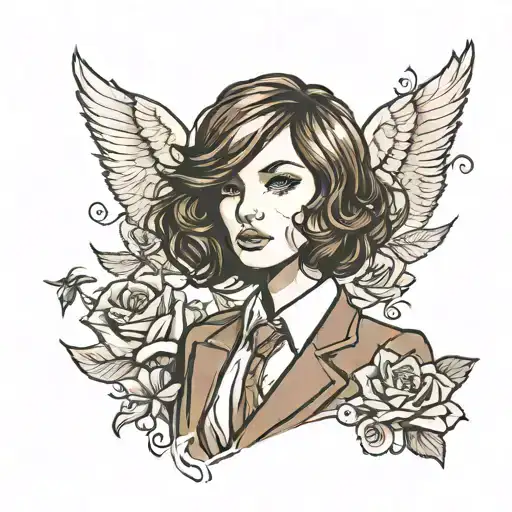 girl with brown wavy bob wearing a formal suit tattoo design idea