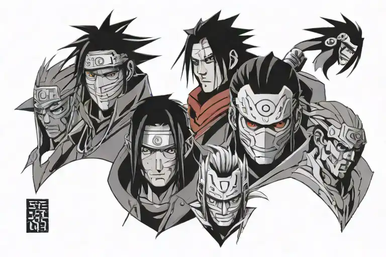 Itachi Uchiha, Madara Uchiha, obito mask, Ryomen sukuna, Toji Fushiguro, Sasuke Uchiha tattoo design idea