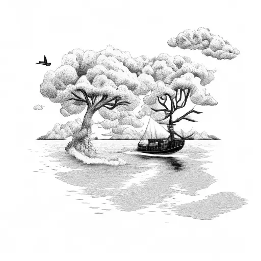 wind blowing to a plane tree on an island in the river nile  tattoo design idea