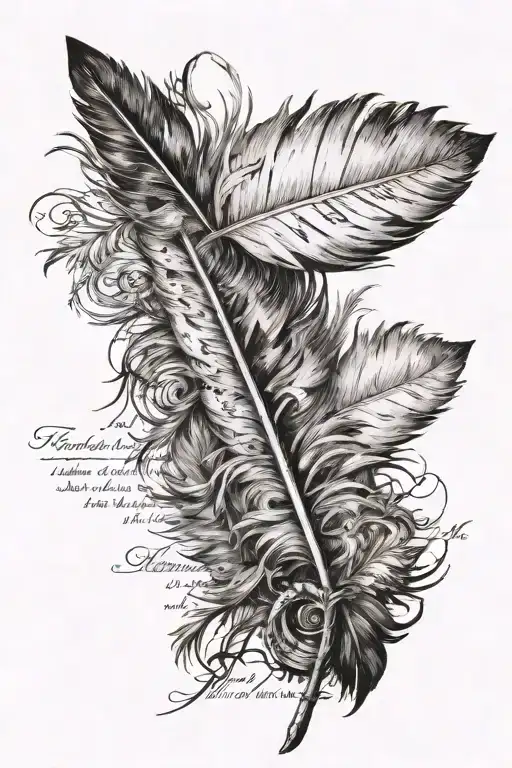 An old 1700s piece of paper, with feather dipped in ink writing three verses.Phillipians 4:13 Romans 3:23 Jeremiah 29:11 tattoo design idea