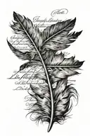 An old 1700s piece of paper, with feather dipped in ink writing three verses.Phillipians 4:13 Romans 3:23 Jeremiah 29:11 tattoo design idea