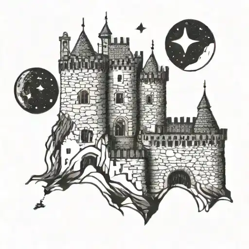 Thee medieval castle towers. Each has a window and got behind the other tower. Left in córner there is a bright star tattoo design idea