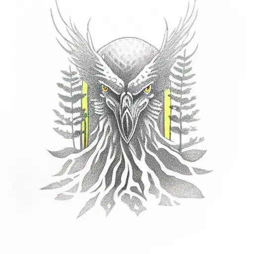 odins crow in a forrest with a lake with odins face as the mirror in the lake tattoo design idea