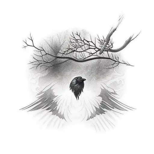 odins crow in a forrest with a lane ith odins face as the mirror in the lake tattoo design idea