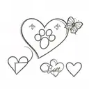 A minimalist heart-shaped tattoo with Butter's labroder name inside and a paw print beside it tattoo design idea