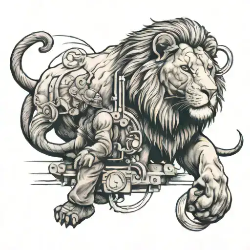 A black-grey tattoo of a lion and elephant working together as electricians tattoo design idea
