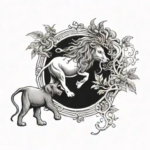 A surreal tattoo of a lion and elephant intertwined in a cosmic dance, surrounded by weed clouds, on the client's hip tattoo design idea