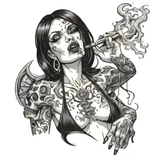 Sexy Gothic Woman with facial piercings straight black hair lit cigarette in mouth lots of cleavage no arms  tattoo design idea