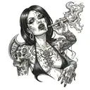 Sexy Gothic Woman with facial piercings straight black hair lit cigarette in mouth lots of cleavage no arms  tattoo design idea