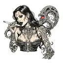 Sexy Gothic Woman with facial piercings straight black hair lit cigarette in mouth lots of cleavage no arms  tattoo design idea