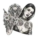 Sexy Gothic Woman with facial piercings straight black hair lit cigarette in mouth lots of cleavage no arms  tattoo design idea