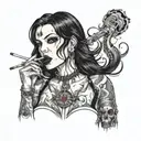 Sexy Gothic Woman with facial piercings straight black hair lit cigarette in mouth lots of cleavage no arms  tattoo design idea