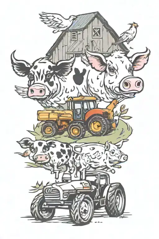 barn tractor cow pig chicken tattoo design idea