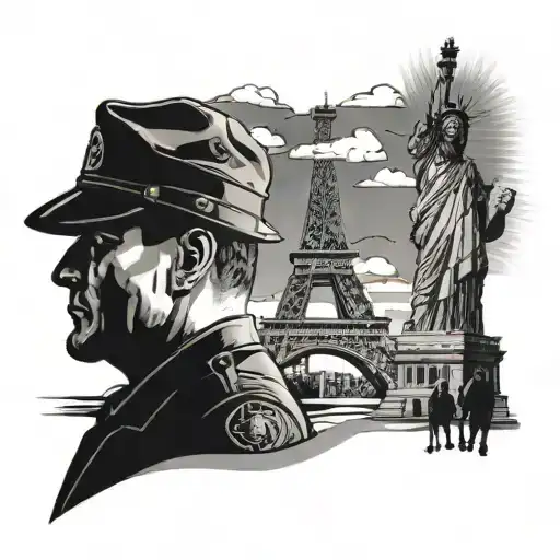 A silhouette of a police officer standing in front of a famous landmark, like the Eiffel Tower or Statue of Liberty, representing the client's occupation and love for travel tattoo design idea
