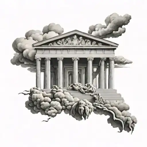 Greek temple with clouds and a bunch of other Greek mythology things tattoo design idea