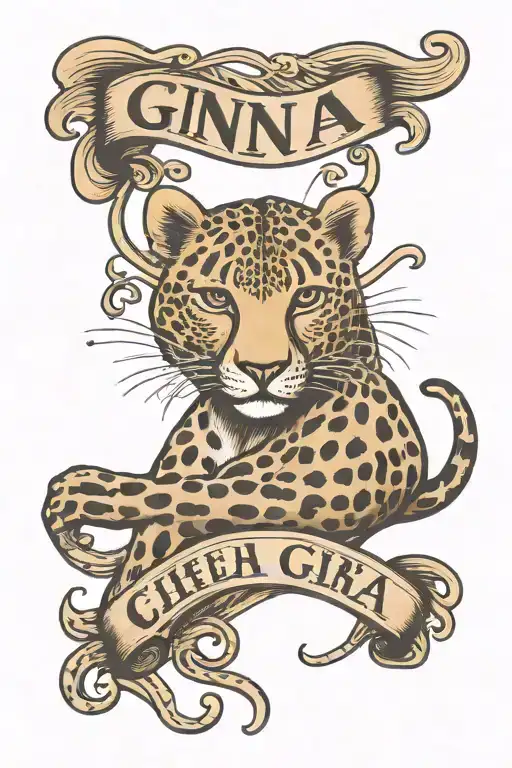 Gina name intertwined with a heart made of cheetah print tattoo design idea