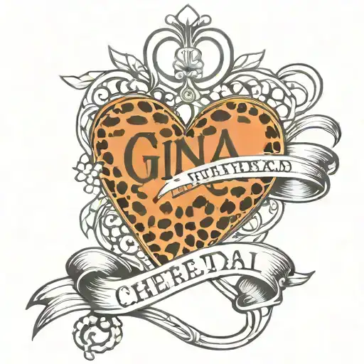 Gina name intertwined with a heart made of cheetah print tattoo design idea