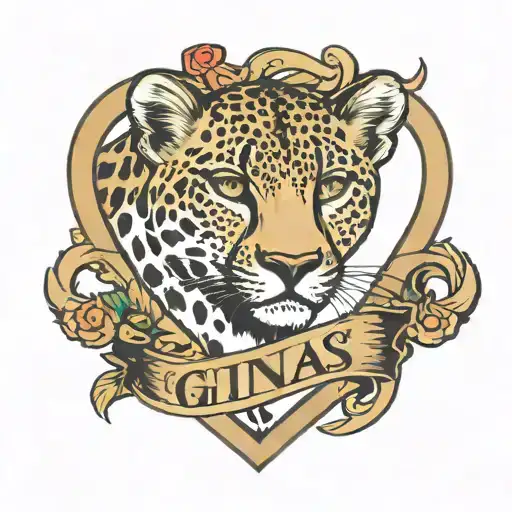 Gina's name intertwined with a heart made of cheetah print tattoo design idea