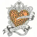 Gina name intertwined with a heart made of cheetah print tattoo design idea