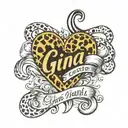 Gina name intertwined with a heart made of cheetah print tattoo design idea