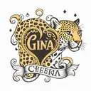 Gina name intertwined with a heart made of cheetah print tattoo design idea