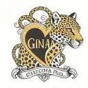 Gina name intertwined with a heart made of cheetah print tattoo design idea