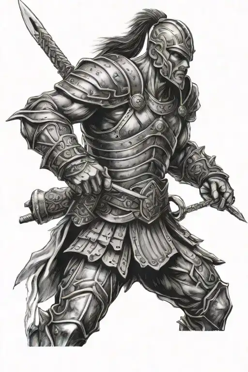 Create a tattoo of a warrior father who did not give up despite many battles and now cares for and guides his son from e tattoo design idea