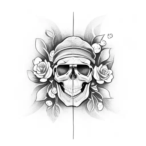 Inverted triangle, skull with cap and sunglasses, apple blossoms  tattoo design idea