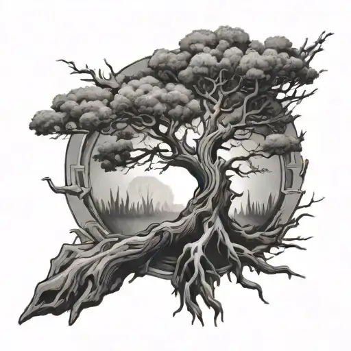 Tree dead and alive half dead tattoo design idea