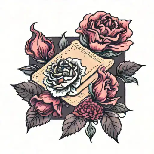 envelope with garnet and pink carnations tattoo design idea