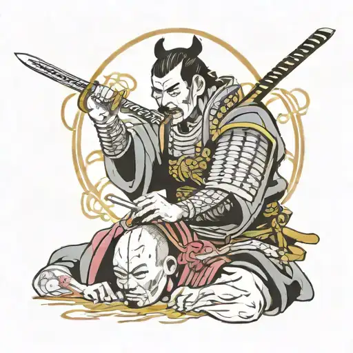 a dead samurai cuts off the head of a living samurai tattoo design idea